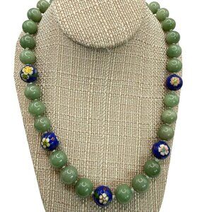 Vintage Chinese Jade & Cloisonné Bead Necklace 24" Nephrite Green Floral Accents
